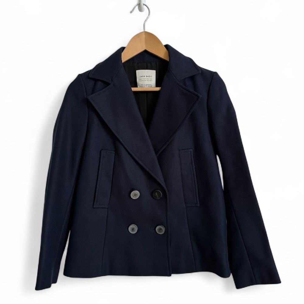 Zara Basic Navy Double Breasted Jacket Peacoat Si… - image 1